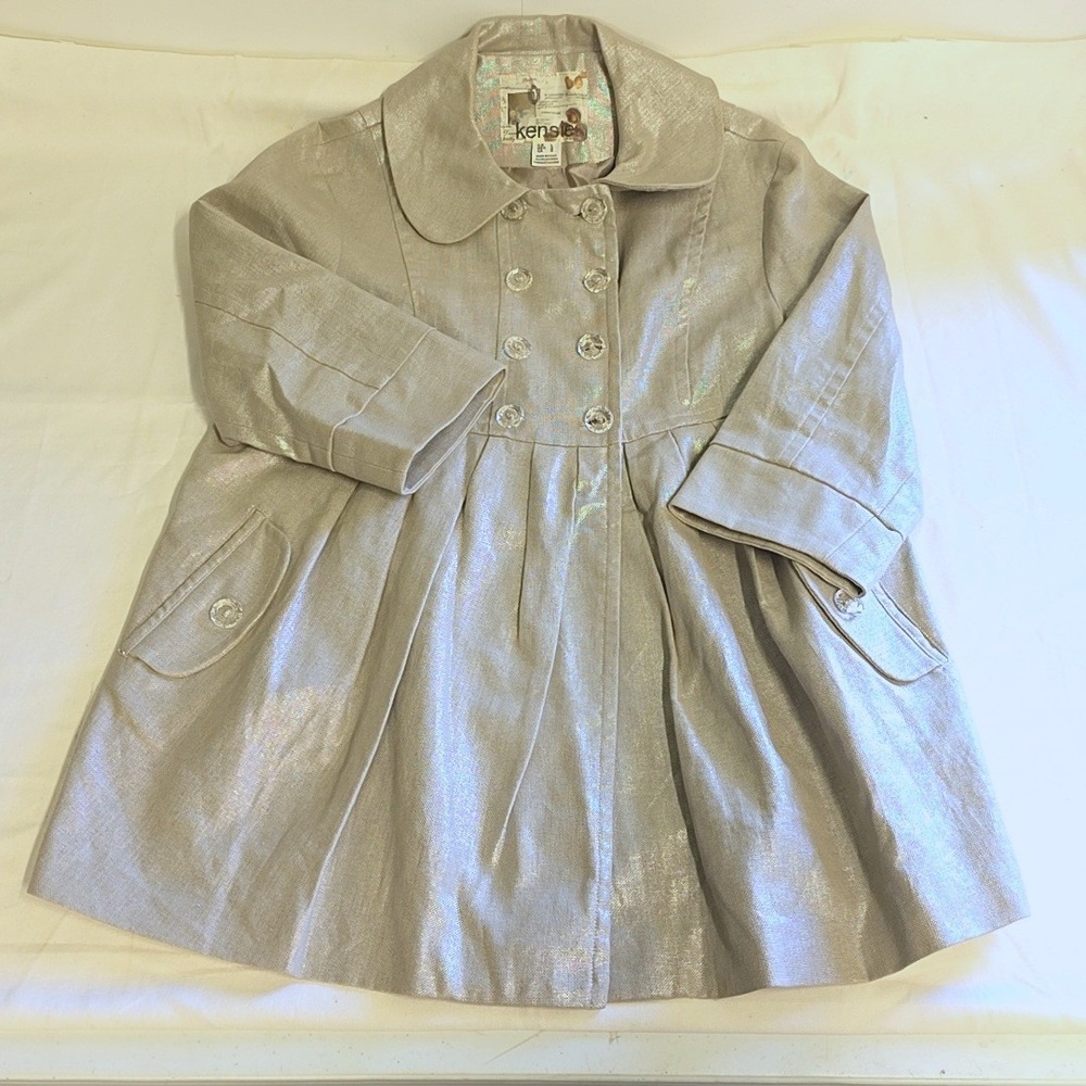 Kensie Swing Coat Womens Large Silver Metallic Shimmer Linen Double Breasted